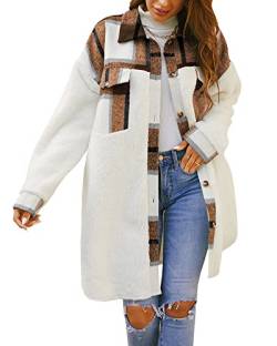 Feziakuk Damen Mantel Flanell Dufflecoat Lässiges Revers Kariert Jacke Warme Mittellange Wollmantel Herbst Winter Einreihiger Kaschmirmantel Frauen Wintermantel, Khaki L von Feziakuk