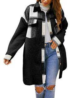 Feziakuk Damen Mantel Flanell Dufflecoat Lässiges Revers Kariert Jacke Warme Mittellange Wollmantel Herbst Winter Einreihiger Kaschmirmantel Frauen Wintermantel, Schwarz M von Feziakuk