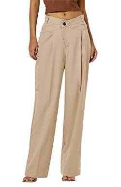 Feziakuk Damen Palazzo Hose Einfarbig Weite Beine Hosen Casual Stoffhose Mode Knopf Anzughose Freizeithose, Khaki M von Feziakuk