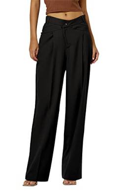 Feziakuk Damen Palazzo Hose Einfarbig Weite Beine Hosen Casual Stoffhose Mode Knopf Anzughose Freizeithose, Schwarz L von Feziakuk