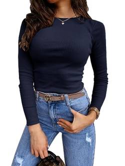 Feziakuk Damen Sexy Enges Oberteil Strick Langarm Rippshirt Mode Casual Pullover Slim Fit Top, Darkblue L von Feziakuk