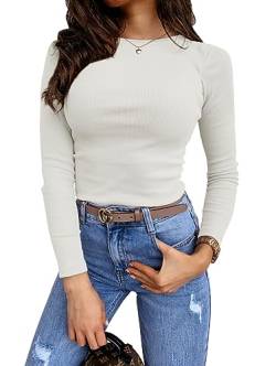 Feziakuk Damen Sexy Enges Oberteil Strick Langarm Rippshirt Mode Casual Pullover Slim Fit Top, Weiß L von Feziakuk