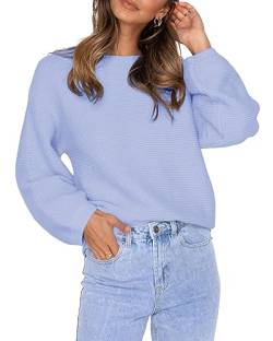 Feziakuk Damen Strickpullover Gerippte Pullover Mode Einfarbig Sweater Locker Lässig Tops Oberteile Für Herbst und Winter, Blau S von Feziakuk