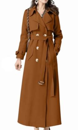 Feziakuk Damen Trenchcoat Lang Zweireihiger Mantel Winddichter Jacke Einfarbig Revers Übergangsmantel mit Verstellbare Gürtel, Braun L von Feziakuk