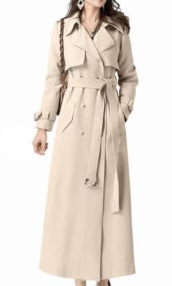 Feziakuk Damen Trenchcoat Lang Zweireihiger Mantel Winddichter Jacke Einfarbig Revers Übergangsmantel mit Verstellbare Gürtel, Mandel XL von Feziakuk