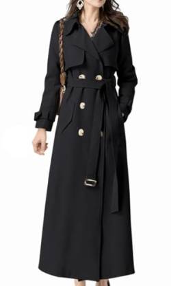 Feziakuk Damen Trenchcoat Lang Zweireihiger Mantel Winddichter Jacke Einfarbig Revers Übergangsmantel mit Verstellbare Gürtel, Schwarz M von Feziakuk