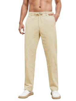 Feziakuk Herren Leinenhose mit Kordelzug Leicht Hose Baumwolle Einfarbig Pants für Männer, Beige XL von Feziakuk