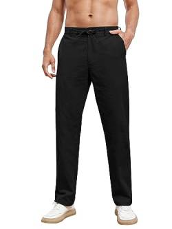 Feziakuk Herren Leinenhose mit Kordelzug Leicht Hose Baumwolle Einfarbig Pants für Männer, Schwarz L von Feziakuk