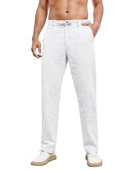 Feziakuk Herren Leinenhose mit Kordelzug Leicht Hose Baumwolle Einfarbig Pants für Männer, Weiß XL von Feziakuk