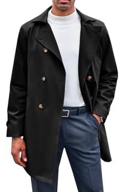 Feziakuk Herren Trenchcoat Zweireihiger Lang Mantel Revers Herbst Winter Militärstil Jacke Übergangsjacke, Schwarz L von Feziakuk