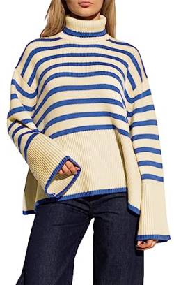 Feziakuk Rollkragenpullover Damen Gestreift Strickpullover Grobstrick Oversize Winterpullover Warm Vintage Lässige Strickpulli Pullover mit Seitenschlitz, Blau L von Feziakuk