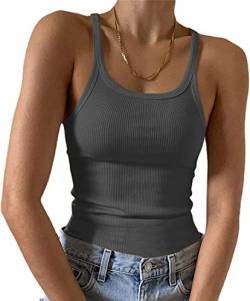 Feziakuk Spaghetti Top Damen Sexy Ärmellos Unterhemd Gerippte Tank Top Basic Einfarbig Camisole Sommer Oberteile, Grau XS von Feziakuk