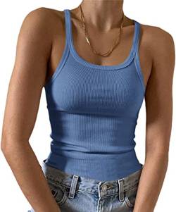 Feziakuk Spaghetti Top Damen Sexy Ärmellos Unterhemd Gerippte Tank Top Basic Einfarbig Camisole Sommer Oberteile, Hellblau L von Feziakuk