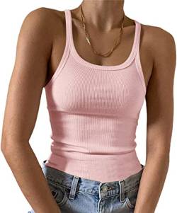 Feziakuk Spaghetti Top Damen Sexy Ärmellos Unterhemd Gerippte Tank Top Basic Einfarbig Camisole Sommer Oberteile, Rosa M von Feziakuk