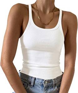 Feziakuk Spaghetti Top Damen Sexy Ärmellos Unterhemd Gerippte Tank Top Basic Einfarbig Camisole Sommer Oberteile, Weiß XS von Feziakuk