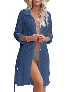 Feziakuk Strandkleid Damen Sommer Langer Strandtunika Bikini Cover Up, Button Down Musselin Bluse Strand Cardigan Mit Gürtel für Urlaub, Pool und Alltag, Dunkelblau L von Feziakuk