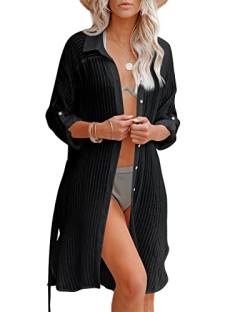 Feziakuk Strandkleid Damen Sommer Langer Strandtunika Bikini Cover Up, Button Down Musselin Bluse Strand Cardigan Mit Gürtel für Urlaub, Pool und Alltag, Schwarz L von Feziakuk