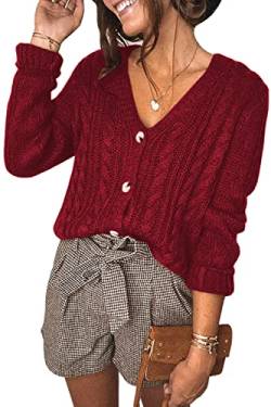 Feziakuk Strickjacke Damen Kurzes V-Ausschnitt Knopfleiste Cardigan Gestrickter Pullover Einfarbig Strickpullover Elegant Tops Für Herbst und Winter, Weinrot L von Feziakuk