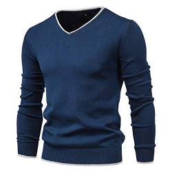 Feziakuk Strickpullover Herren V-Ausschnitt Pullover Herbst Winter Langarm Sweater Basic Winterpullover Warm Arbeitspullove Tops, Blau XXL von Feziakuk