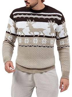 Feziakuk Weihnachtspullover Herren Weihnachten Rentier Strickpullover Winter Warm Christmas Sweater Langarm weihnachtspulli Festlicher Pullover, Braun L von Feziakuk