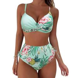 Fhuuly Bikini Damen Set Zweiteiliger Badeanzug Mädchen Große Brüste Bauchweg Bademode Schnürung Push Up Verstellbar Crossover Ties-Up Neckholder Bikinioberteil Gedruckt Sommer Oberteil (01-Grün, 5XL) von Fhuuly