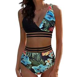 Fhuuly Bikini Damen Set Zweiteiliger Badeanzug Mädchen Große Brüste Bauchweg Bademode Schnürung Push Up Verstellbar Crossover Ties-Up Neckholder Bikinioberteil Gedruckt Sommer Oberteil (Q-Blue, M) von Fhuuly