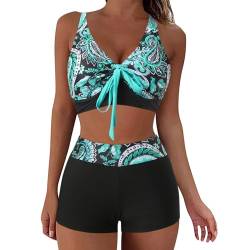 Fhuuly Bikini Damen Set Zweiteiliger Badeanzug Mädchen Große Brüste Bauchweg Bademode Schnürung Push Up Verstellbar Crossover Ties-Up Neckholder Bikinioberteil Gedruckt Sommer Oberteil von Fhuuly