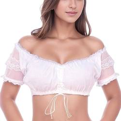 Fhuuly Damen Dirndlbluse Trachten Spitze Kurzarm Oktoberfest, Weiß Spitzenbluse von Fhuuly