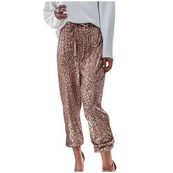 Fhuuly Damen Pailletten Hose Chic Elegant - Abend Leggings FüR Damen MäDchen Jogging Pants Ample High Waist Mit Kordelzug. (A-Doré, M) von Fhuuly