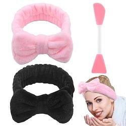 2 Stück Schleifen-Stirnbänder, Spa-Stirnbänder mit 1 Maskenbürste, flauschiges Stirnband zum Waschen des Gesichts, weiches Korallen-Fleece, elastische Haarbänder für Frauen und Mädchen, zum Waschen von Fiacvrs