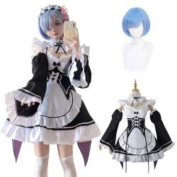 Fiamll Anime Rem Cosplay Kostüm Outfit Re Life In A Different World From Zero Maid Kleid Uniform Komplettes Set Karneval Dress Up Anzug mit Perücke für Frauen Mädchen XL von Fiamll