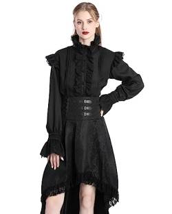 Fiamll Damen Gothic Steampunk Bluse Vintage Stehkragen mit Rüschen Kurzarm Mittelalter Bluse Schwarz L von Fiamll