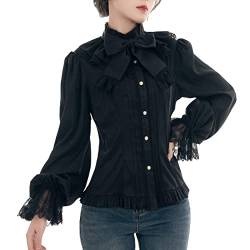 Fiamll Damen Gothic Viktorianische Bluse Renaissance Shirt Tops Satin Button Up Kostüm Puffärmel Schwarz Bluse M von Fiamll