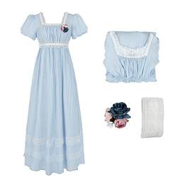 Fiamll Damen Regency Kleid Jane Austen Mittelalter Viktorianisches Hohe Taille Retro Kleid Band Rüschen Puffärmel Kleid Blau XL von Fiamll