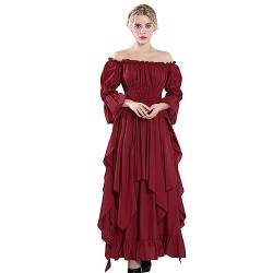 Fiamll Damen Steampunk Victorian Schulterfrei Mittelalterliches Maxikleid Ladies Renaissance Cosplay Halloween Kostüm (Rot S/M) von Fiamll