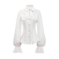 Fiamll Damen Viktorianisch Bluse Spitzen Schleifenhemd Stehkragen mit Rüschen Langarmshirt Weiße M von Fiamll