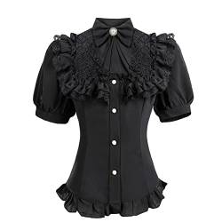 Fiamll Damen Viktorianisch Bluse Vintage Schleifenhemd Stehkragen mit Rüschen Kurzarm Mittelalter Bluse Schwarz 3XL von Fiamll