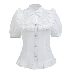 Fiamll Damen Viktorianisch Bluse Vintage Schleifenhemd Stehkragen mit Rüschen Kurzarm Mittelalter Bluse Weiße 3XL von Fiamll