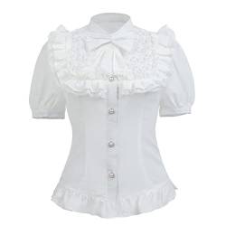 Fiamll Damen Viktorianisch Bluse Vintage Schleifenhemd Stehkragen mit Rüschen Kurzarm Mittelalter Bluse Weiße XXL von Fiamll