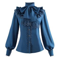 Fiamll Damen Viktorianisch Bluse Vintage Schleifenhemd Stehkragen mit Rüschen Langarmshirt Blau XL von Fiamll