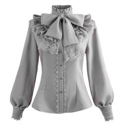Fiamll Damen Viktorianisch Bluse Vintage Schleifenhemd Stehkragen mit Rüschen Langarmshirt Grau 3XL von Fiamll