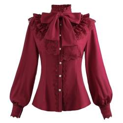 Fiamll Damen Viktorianisch Bluse Vintage Schleifenhemd Stehkragen mit Rüschen Langarmshirt Rot L von Fiamll