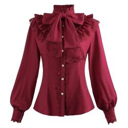 Fiamll Damen Viktorianisch Bluse Vintage Schleifenhemd Stehkragen mit Rüschen Langarmshirt Rot M von Fiamll