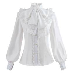 Fiamll Damen Viktorianisch Bluse Vintage Schleifenhemd Stehkragen mit Rüschen Langarmshirt Weiß L von Fiamll