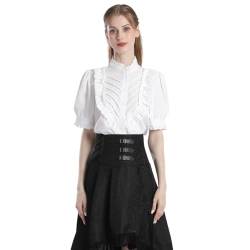 Fiamll Damen Viktorianisch Bluse Vintage Stehkragen mit Rüschen Kurzarm Mittelalter Bluse Weiße XL von Fiamll