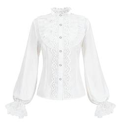 Fiamll Damen Viktorianisch Bluse Vintage Stehkragen mit Rüschen Lange Mittelalter Bluse Weiße 3XL von Fiamll