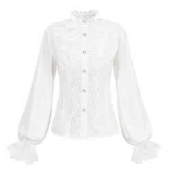 Fiamll Damen Viktorianisch Bluse Vintage Stehkragen mit Rüschen Lange Mittelalter Bluse Weiße L von Fiamll