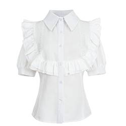Fiamll Damen Viktorianisch Bluse Vintage Umlegekragen mit Rüschen Kurzarm Mittelalter Bluse Weiße XXL von Fiamll