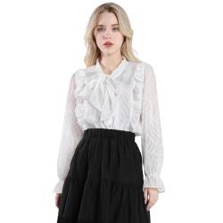 Fiamll Damen Viktorianisches Steampunk Bluse Vintage Stehkragen mit Rüschen Kurzarm Mittelalter Bluse Weiße 3XL von Fiamll