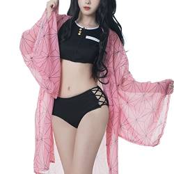 Fiamll Nezuko Kamado Cosplay Bikini Set für Dämonen Jäger Damen Anime Kimono Strickjacke Strand Sommer Badeanzug 3XL von Fiamll